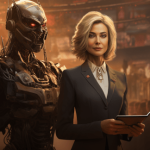 Feminine looking person with blonde bob in a charcoal suit holds a tablet, waist up view, standing beside a menacing black red eyed robot