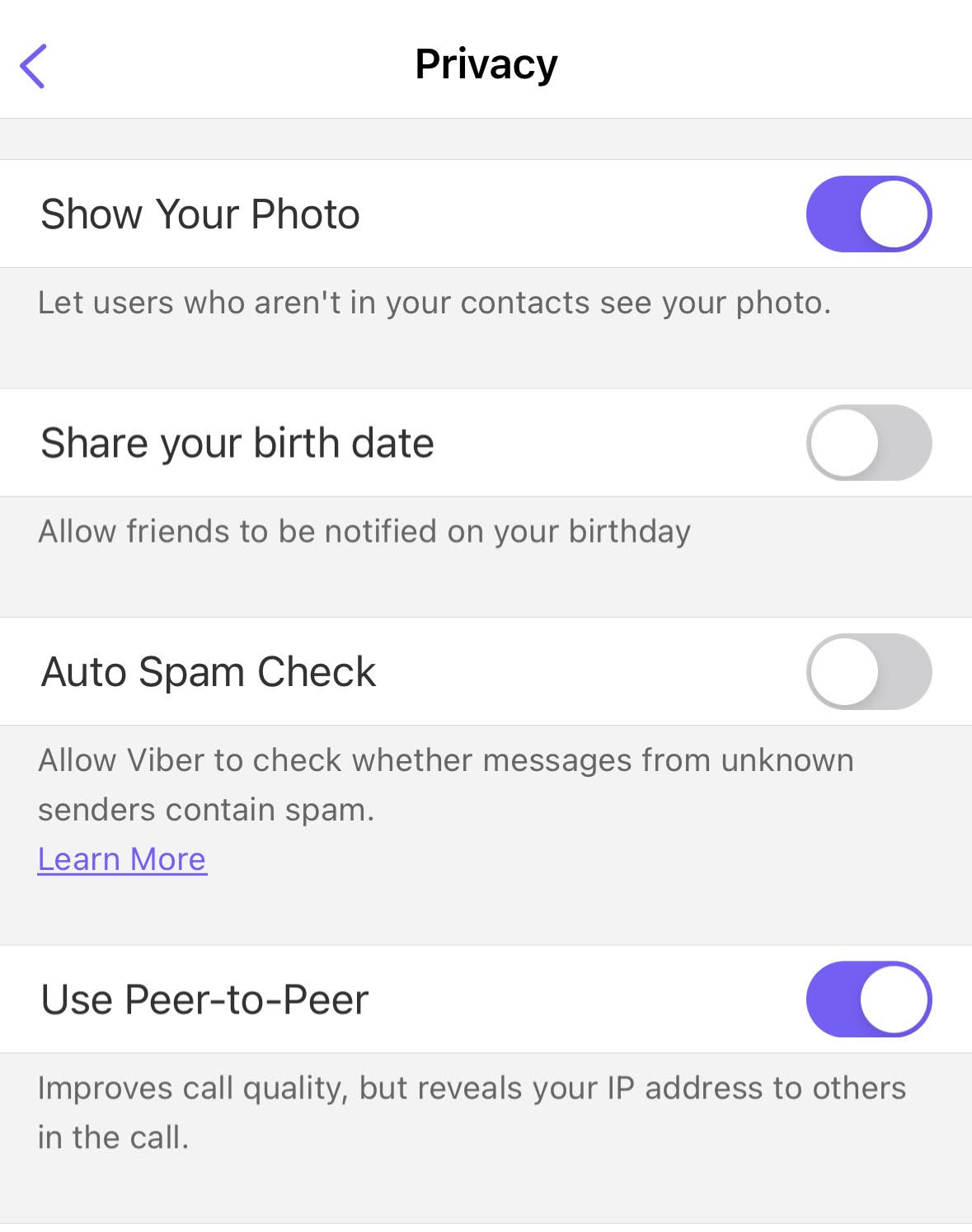 Setting in Viber to switch off peer-to-peer calls.