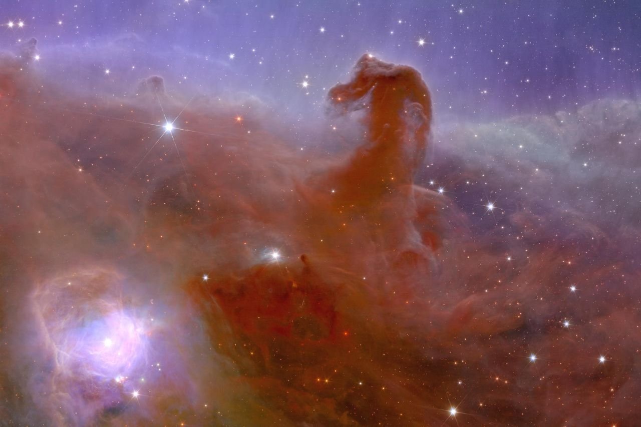 A panoramic and detailed view of the Horsehead Nebula, also known as Barnard 33