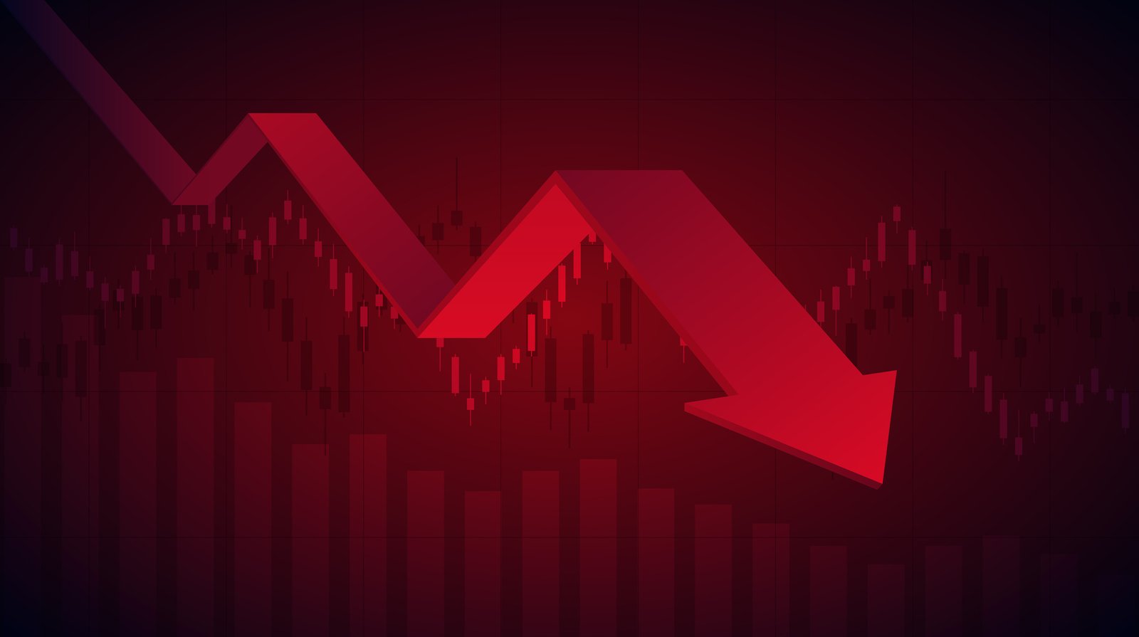 Abstract financial chart with download line graph and arrow in stock market on red colour background