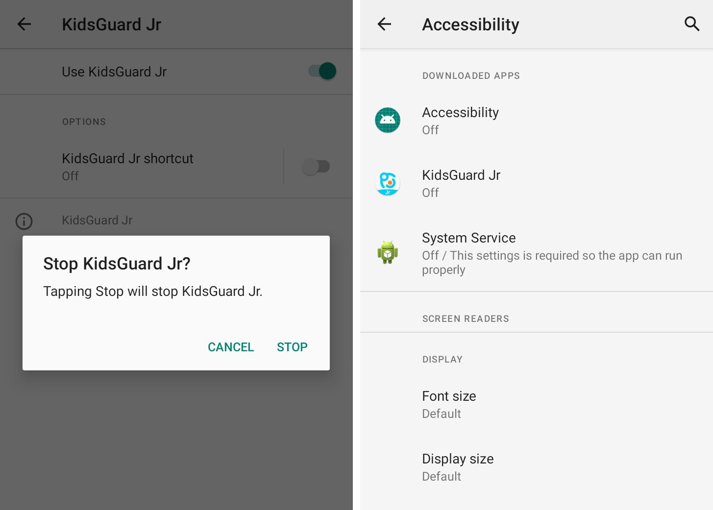 Two screenshots side-by-side showing an app called KidsGuard hijacking the accessibility feature in Android to snoop on unsuspecting users. The second screenshot shows three stalkerware apps — called Accessibility, KidsGuard, and System Service — all switched to 'off' so that they are no longer actively functioning.