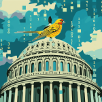 AI illustration of a yellow canary atop the US Capitol dome against a backdrop of blue sky white clouds and white code characters