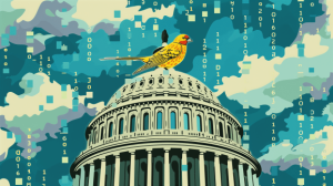 AI illustration of a yellow canary atop the US Capitol dome against a backdrop of blue sky white clouds and white code characters