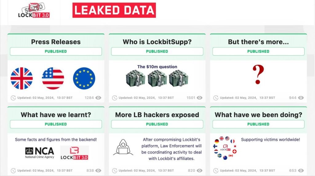 A screenshot of the seized LockBit darknet website.