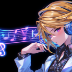 Blonde anime character in white blazer and black patterend shirt wears headphones and stands beside glowing neon purple staff of musical notes against a black backdrop in AI generated image