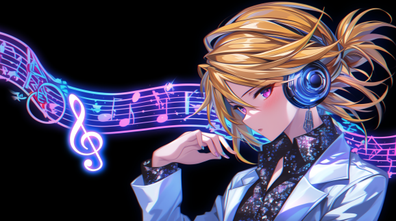 Blonde anime character in white blazer and black patterend shirt wears headphones and stands beside glowing neon purple staff of musical notes against a black backdrop in AI generated image