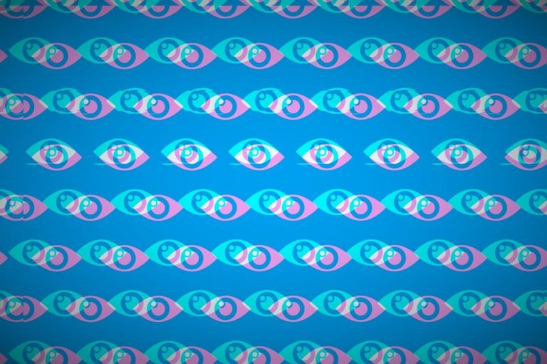 a collection of patterned illustrated eyes in blue and pink on a darker blue background