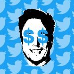 Elon Musk with dollar signs in his eyes, twitter logo pattern in the background