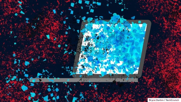 an illustrated laptop on a red darkened background, with blue flakes of data spilling out of the laptop's screen — indicating a data spill/leak.