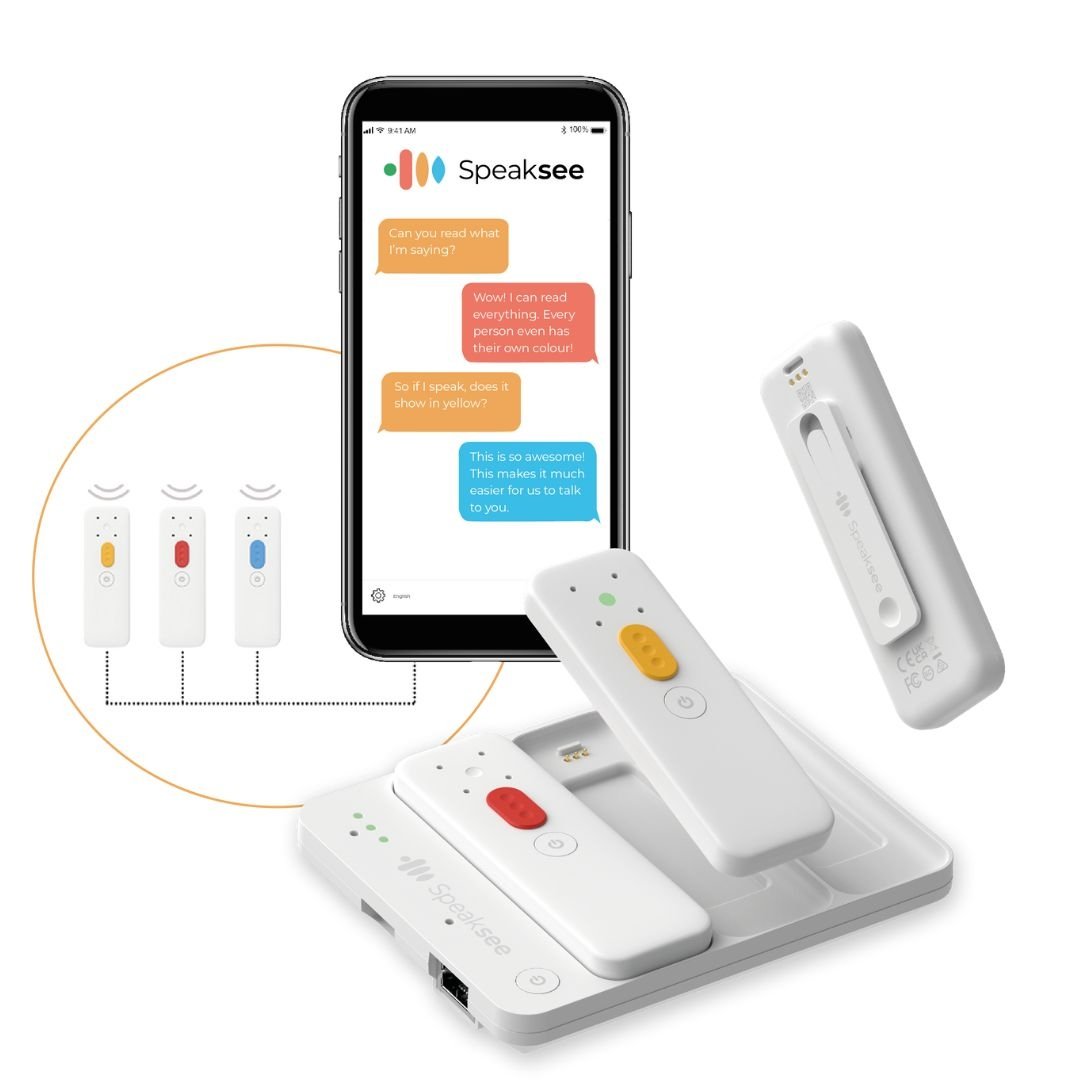 an image of the Speaksee mobile app and the microphone kit